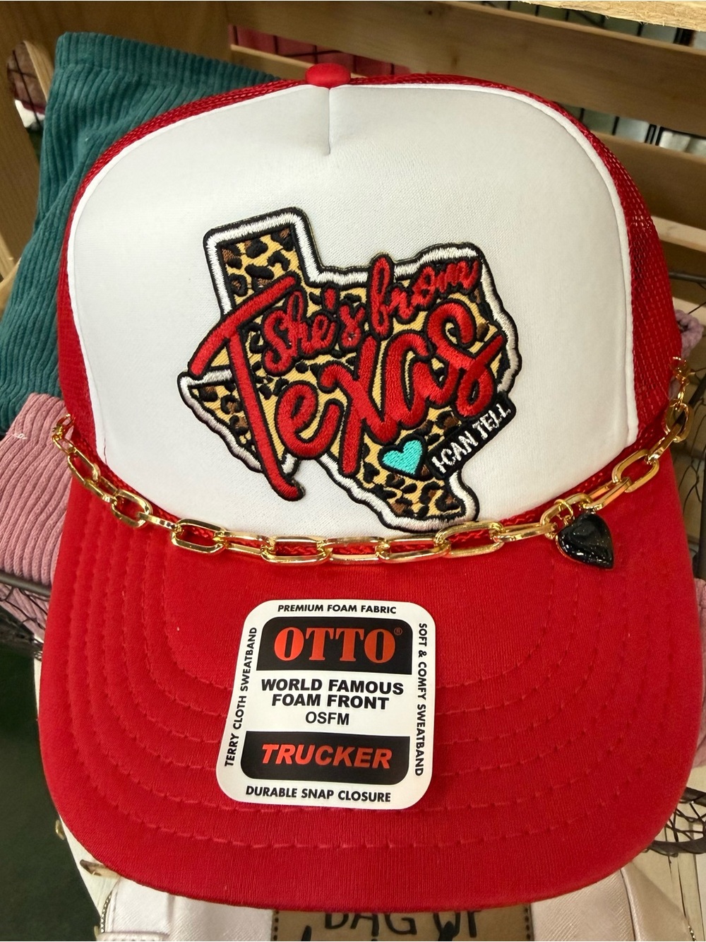 OTTO Red & White Kids Trucker Hat with Gold Chain & Texas Patch